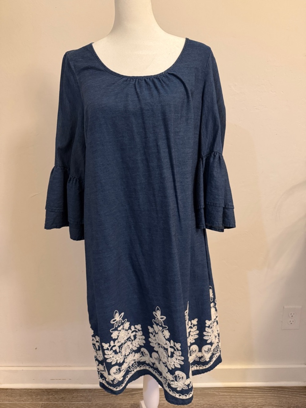 Westport Chambray Midi Dress with White Floral Hem